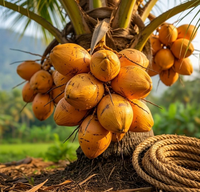 Bunch of king coconuts growing on a palm