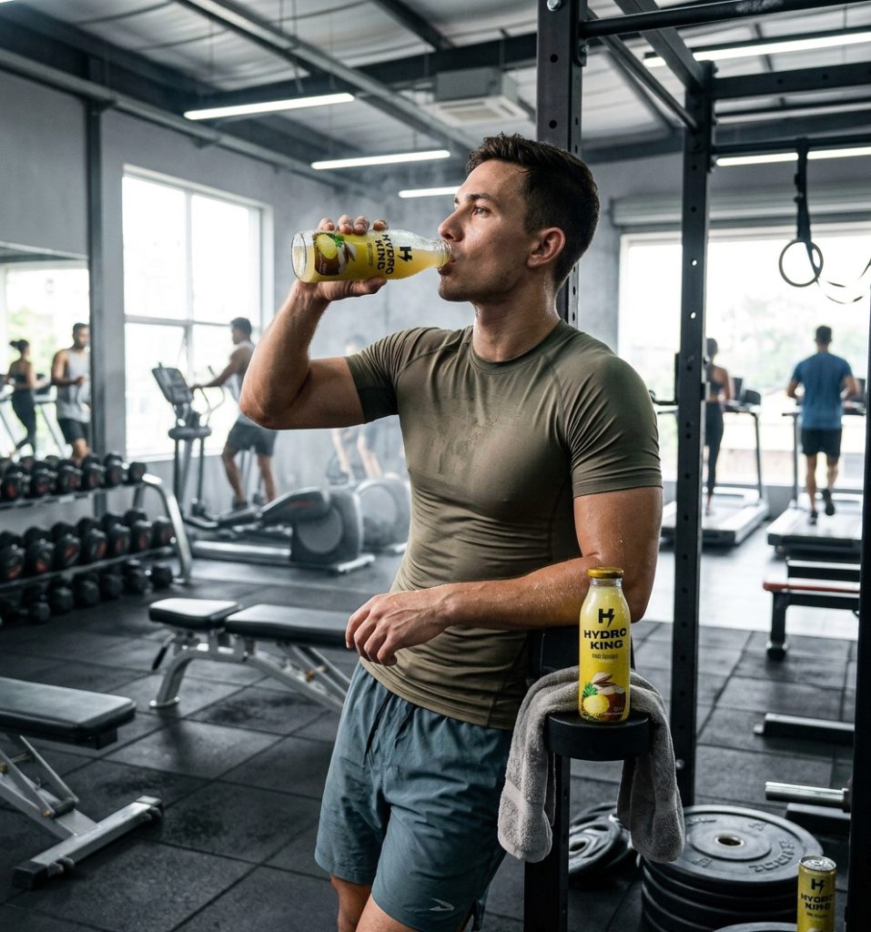 Man drinking a Hydro King drink in a gym