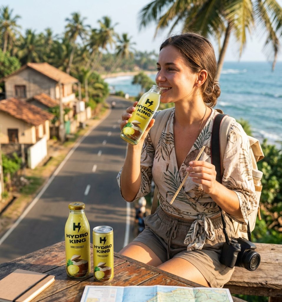 Traveller enjoying a Hydro King drink beside the coast