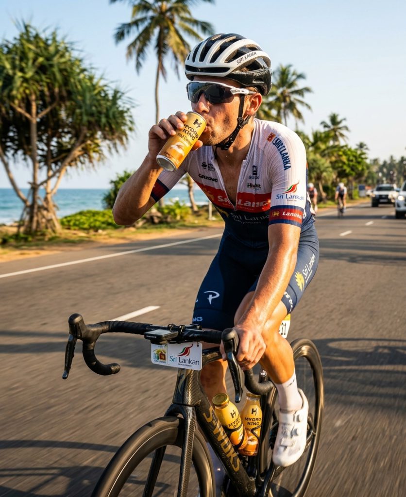 Cyclist drinking a Hydro King drink on a coastal road